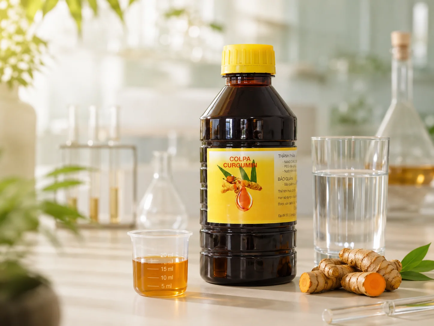 Nano Curcumin Huetronics cùng dung dịch và củ nghệ