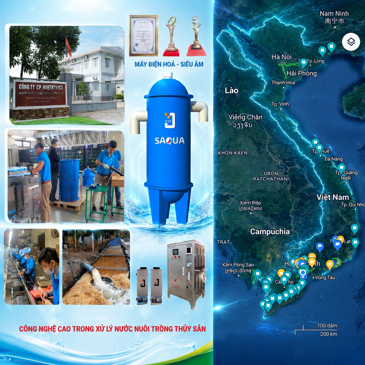 Ảnh hero: ao nuôi tôm công nghệ cao / cụm máy EC-US / kỹ thuật đang kiểm tra nước tại farm